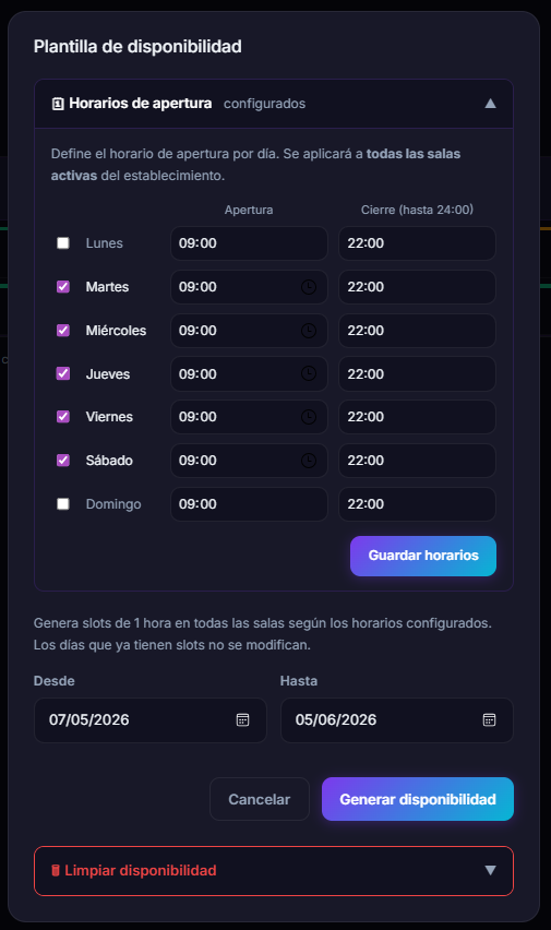 Modal de plantilla de disponibilidad — días de semana, horario de apertura y cierre, generación de slots