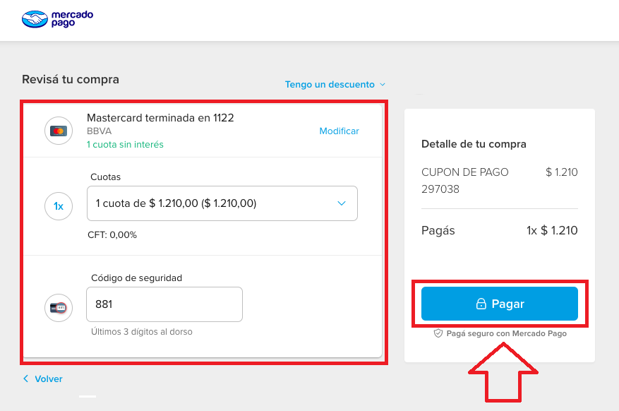 Pantalla de pago en MercadoPago — tarjeta, cuotas y botón Pagar