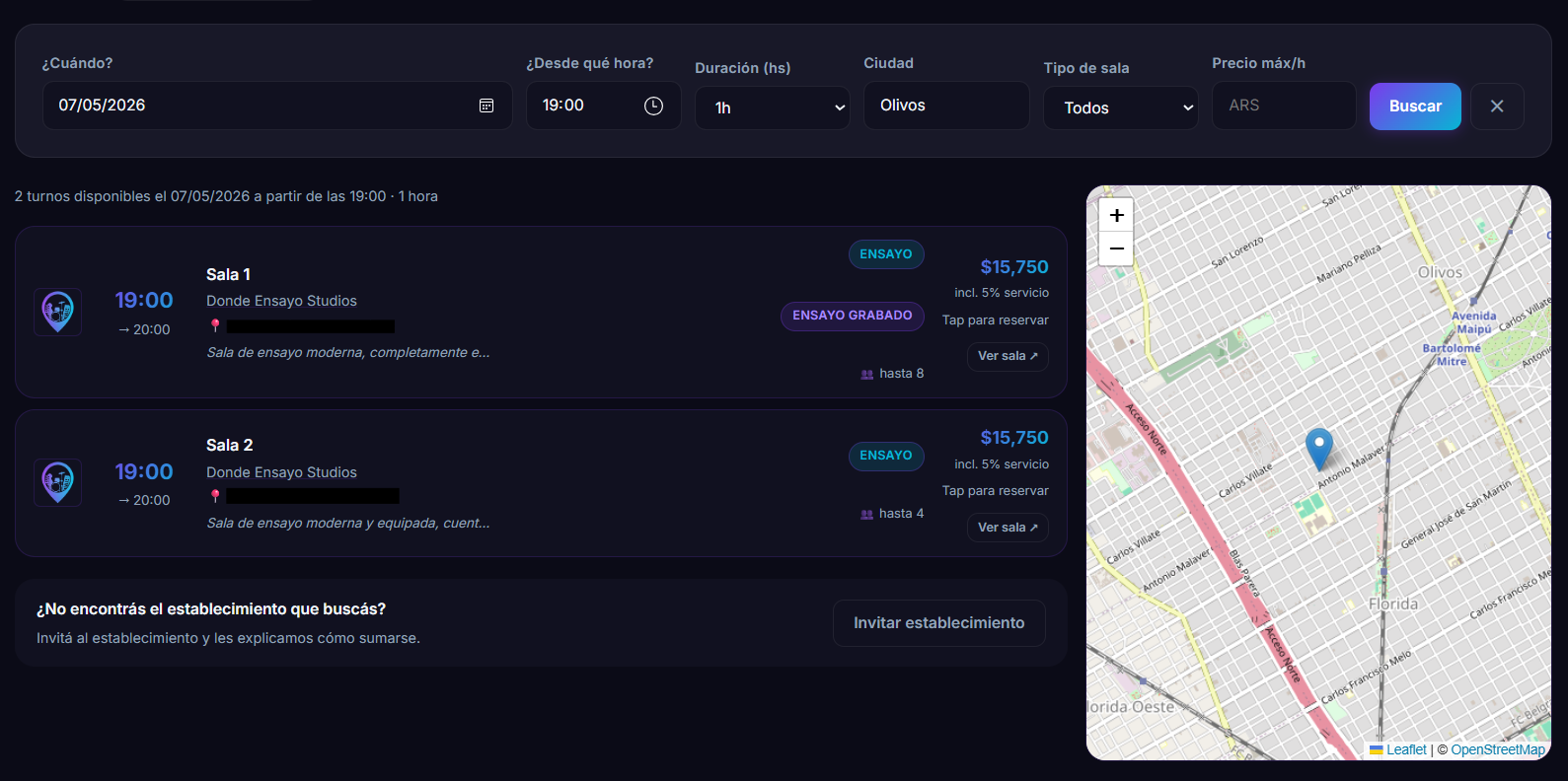 Pantalla de búsqueda — filtros de fecha y tipo, lista de turnos disponibles con precios y mapa interactivo