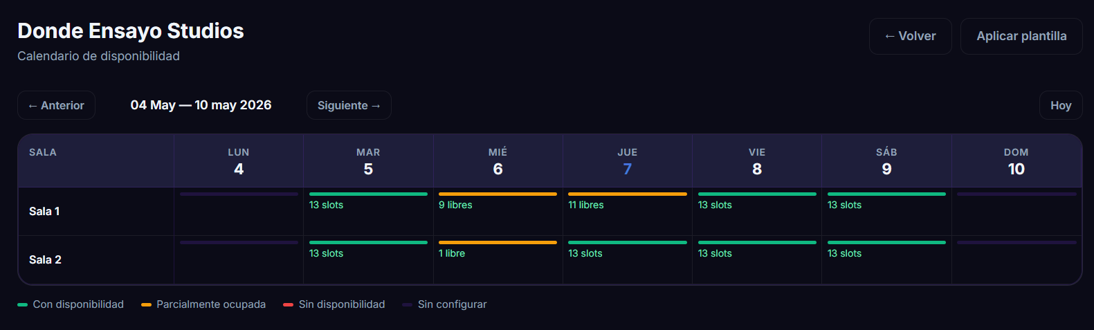 Calendario semanal de disponibilidad — verde: con disponibilidad, naranja: parcialmente ocupada
