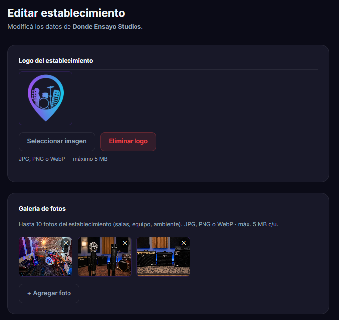 Sección de logo e imágenes del establecimiento en el panel de edición